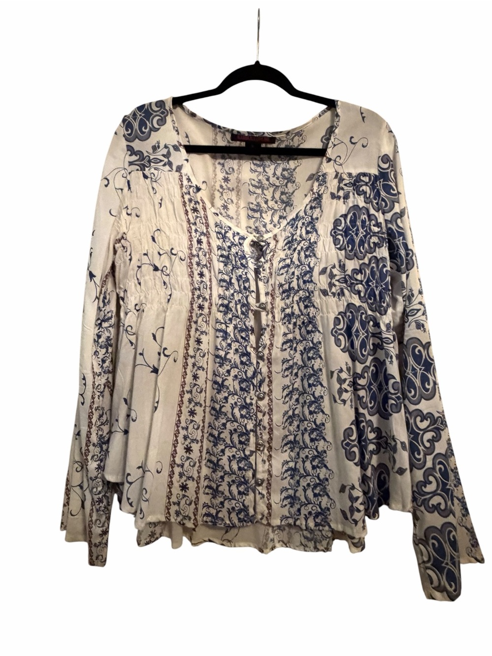 Rock & Roll Cowgirl Cream Tunic with Blue Floral Print